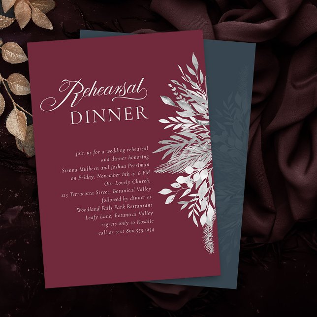 Invitation Dîner de répétition du Mariage botanique de Bourgo (Rehearsal Dinner invitation in Burgundy and Grey from the Foliage Duet Collection by Darling & May)