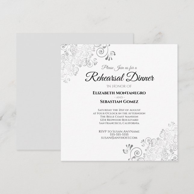 Invitation Dîner de répétition du Mariage Carré Silver Filigr (Devant / Derrière)