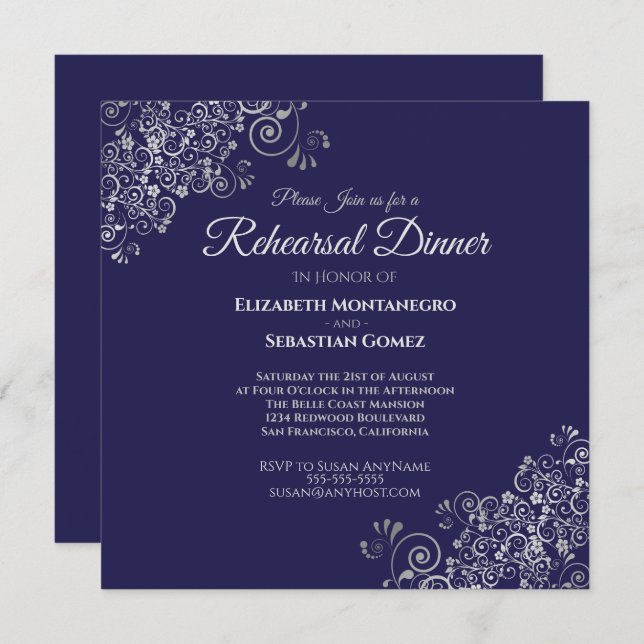 Invitation Dîner de répétition du Mariage Carré Silver & Navy (Devant / Derrière)