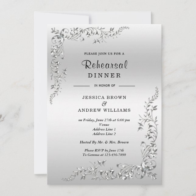 Invitation Dîner de répétition du Mariage de décoration d'arg (Devant)