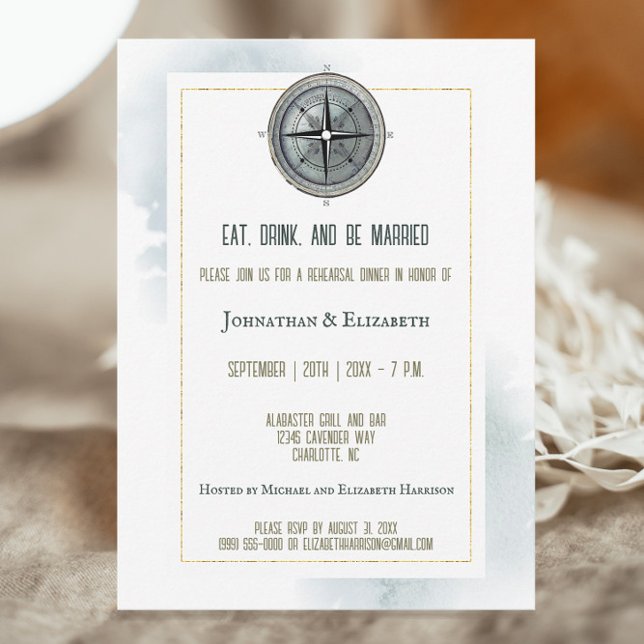 Invitation Dîner de répétition du Mariage de la boussole naut (Vintage Nautical Compass Wedding Rehearsal Dinner Invitation)