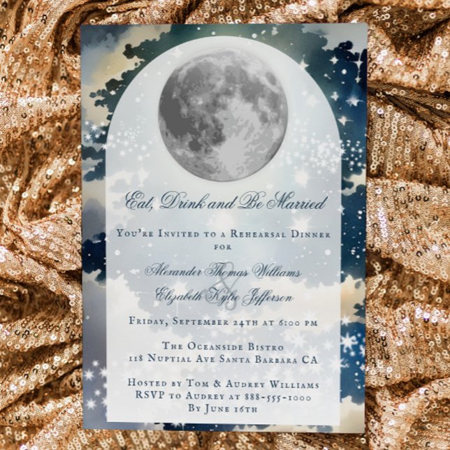 Invitation Dîner de répétition du Mariage de nuit lunaire (Lunar Night Sky Wedding Rehearsal Dinner Invitation)