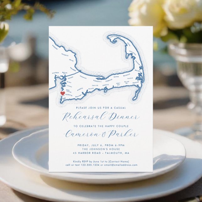 Invitation Dîner de répétition du Mariage Décontracté Falmout (Falmouth MA Casual Cape Cod Wedding Rehearsal Dinner Invitation in Navy Blue from Coastal Map Design)