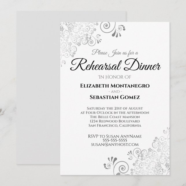 Invitation Dîner de répétition du Mariage Filigree Floral Arg (Devant / Derrière)