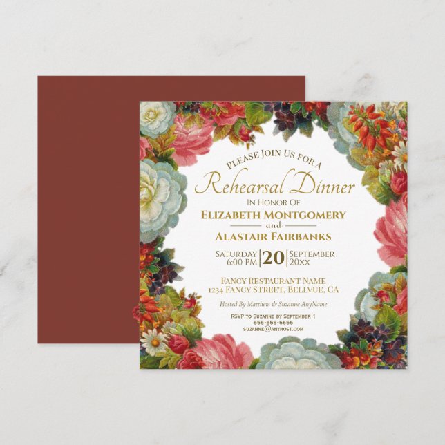 Invitation Dîner de répétition du Mariage Floral automne vint (Devant / Derrière)