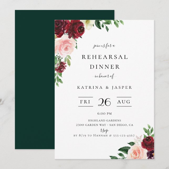 Invitation Dîner de répétition du Mariage floral de Bourgogne (Devant / Derrière)