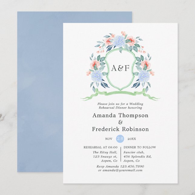Invitation Dîner de répétition du Mariage Floral Monogram Cre (Devant / Derrière)
