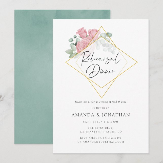 Invitation Dîner de répétition du Mariage géométrique Rose Eu (Devant / Derrière)