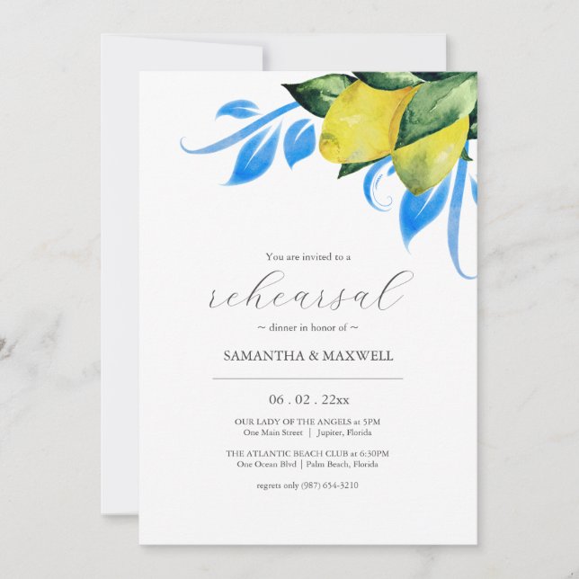 Invitation Dîner de répétition du Mariage méditerranéen Lemon (Devant)