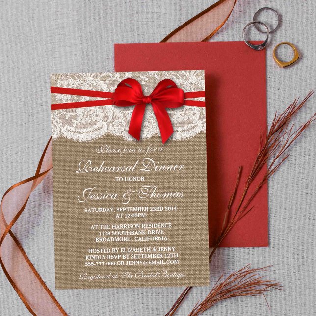 Invitation Dîner de répétition du Mariage Red Bow Burlap & La (Créateur téléchargé)