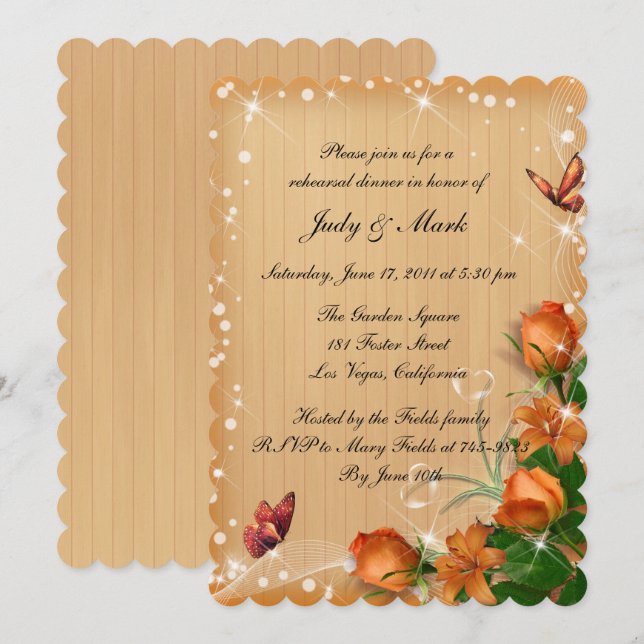 Invitation Dîner de répétition du papillon Floral en bois rus (Devant / Derrière)