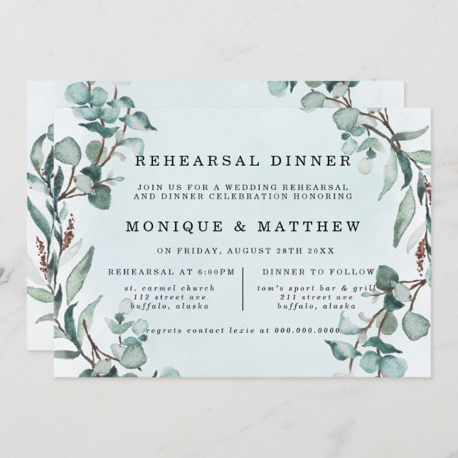 Invitation Dîner de répétition Dusty Blue Eucalyptus (Devant / Derrière)