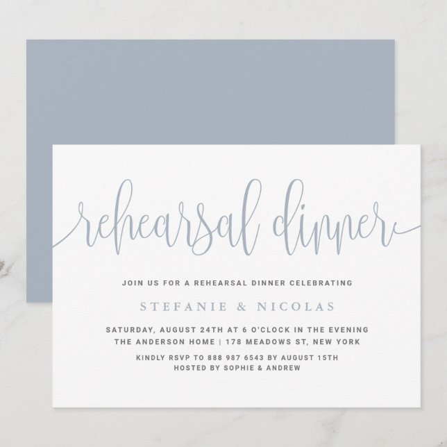 Invitation Dîner de répétition Dusty Blue Pretty Calligraphy (Devant / Derrière)