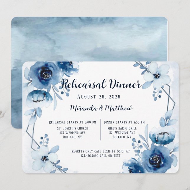 Invitation Dîner de répétition Dusty Et Navy Blue Peony (Devant / Derrière)