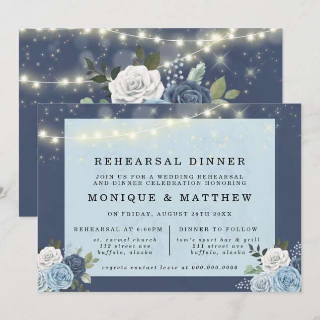 Invitation Dîner de répétition Dusty Navy Blue Peony Lights (Devant / Derrière)