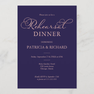 Invitation Dîner de répétition écriture Or Rose Bleu Marine