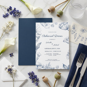Invitation Dîner de répétition élégant à motif floral bleu en