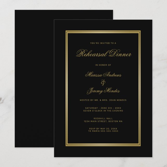 Invitation Dîner de répétition élégant avec écriture en or no (Devant / Derrière)
