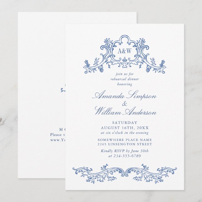 Invitation Dîner de répétition élégant baroque Dusty Blue Cla (Devant / Derrière)