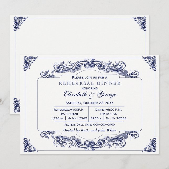 Invitation Dîner de répétition Élégant blanc de la Marine vin (Devant / Derrière)