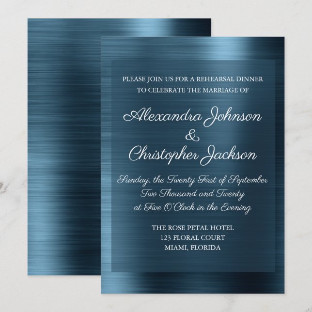 Invitation Dîner de répétition élégant bleu marine (Devant / Derrière)