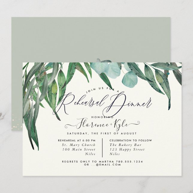 Invitation Dîner de répétition élégant Eucalyptus Vert (Devant / Derrière)