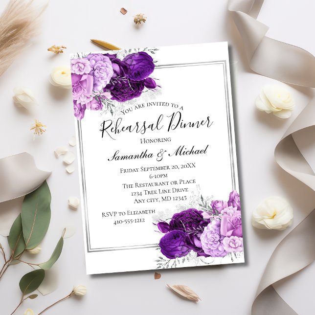 Invitation Dîner de répétition élégant floral d'argent violet (Purple Silver Elegant Wedding Rehearsal Dinner Invitation. Printed or Instant Digital download)