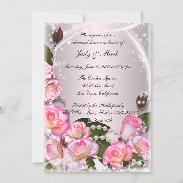Invitation Dîner De Répétition Élégant Roses Et Perles Roses  (Devant)