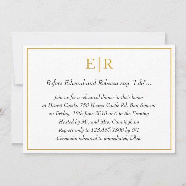 Invitation Dîner de répétition élégante pour monogramme d'or (Devant)