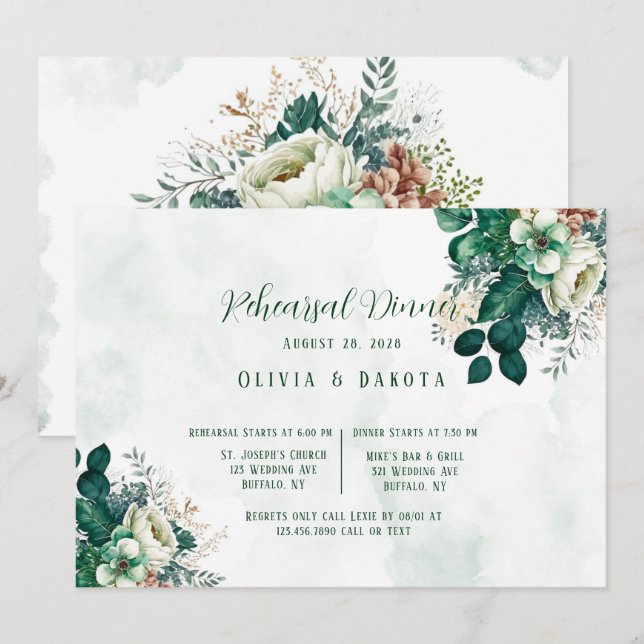 Invitation Dîner de répétition Emerald Green et Cream Florals (Devant / Derrière)