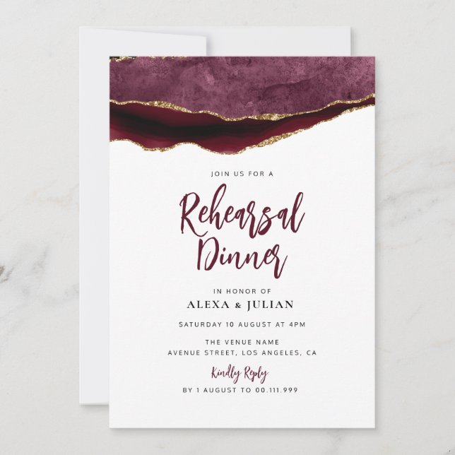 Invitation dîner de répétition en bordeaux et en or (Devant)