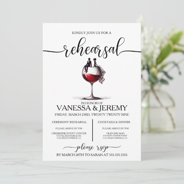 Invitation Dîner de répétition en couple de vin rouge Invitat (Debout devant)