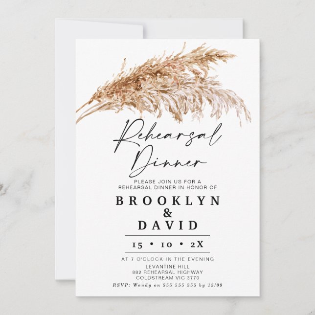 Invitation Dîner de répétition en herbe Boho Pampas moderne (Devant)