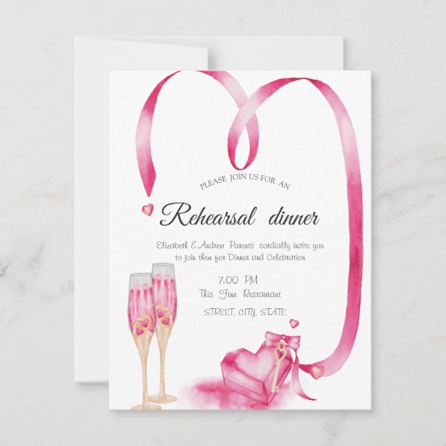 Invitation Dîner de répétition en verre de Champagne Red Hear (Devant)