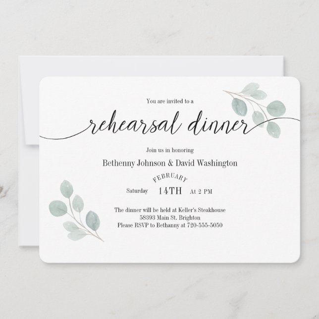 Invitation Dîner de répétition Eucalyptus Aquarelle Invitatio (Devant)