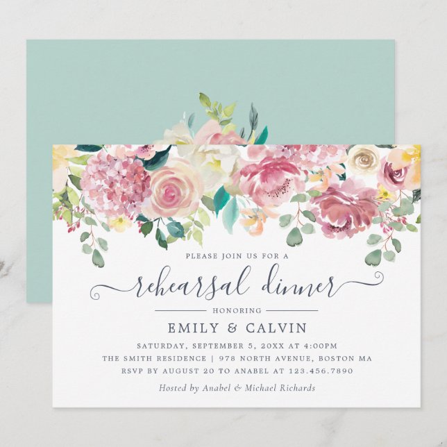 Invitation Dîner de répétition Eucalyptus Floral Blush Green (Devant / Derrière)