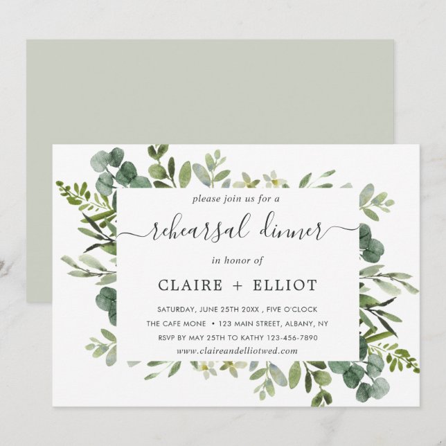Invitation Dîner de répétition Eucalyptus Green Foliing (Devant / Derrière)