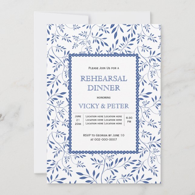 Invitation Dîner de répétition feuille bleu indigo moderne (Devant)
