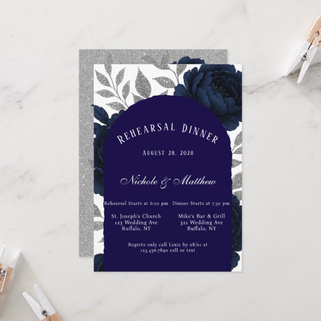 Invitation Dîner de répétition Feuilles Marine Blue Peony & S (Devant/Arrière en situation)