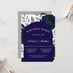 Invitation Dîner de répétition Feuilles Marine Blue Peony & S