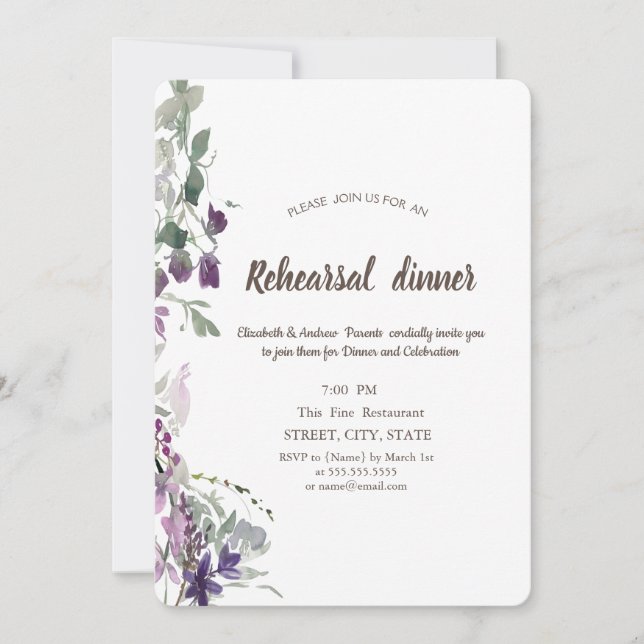 Invitation Dîner de répétition Fleur sauvage violet aquarelle (Devant)