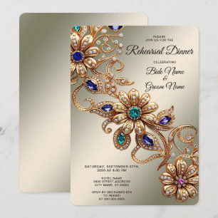 Invitation Dîner de répétition Fleurs de bijoux en or élégant