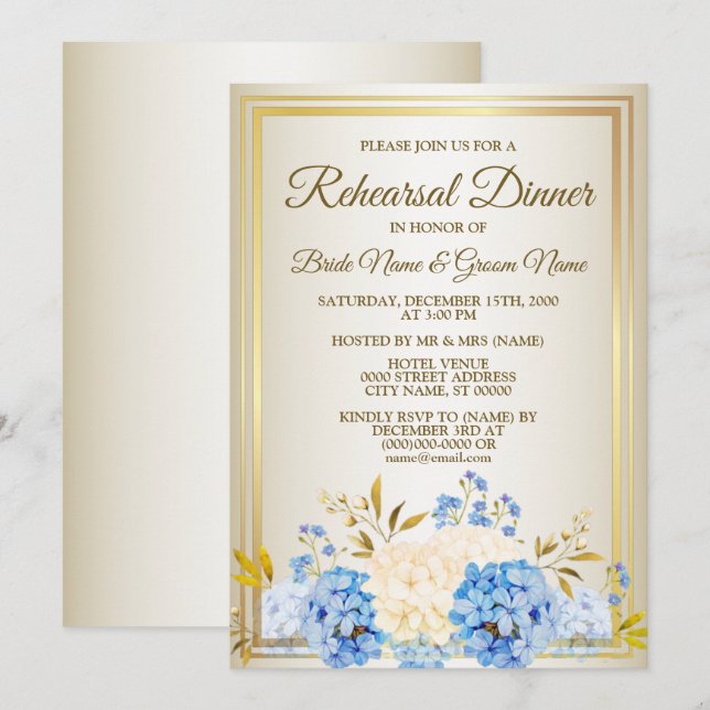 Invitation Dîner de répétition Fleurs Jaune Bleu Doré (Devant / Derrière)