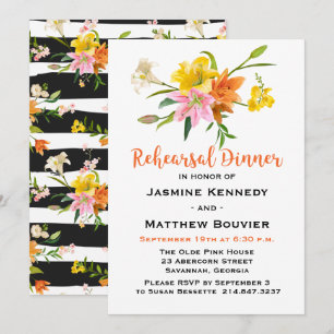 Invitation Dîner de répétition Fleurs Lys Orange Black Stripe