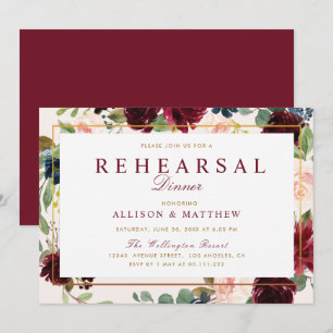 Invitation Dîner de répétition floral à l'aquarelle bordeaux