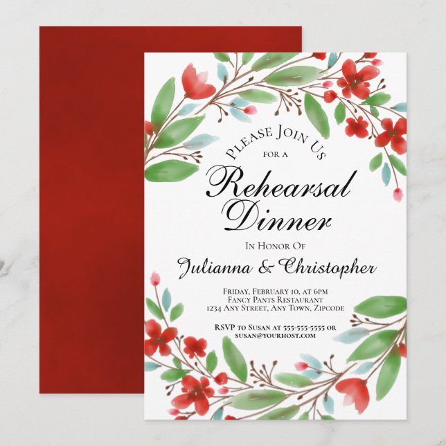 Invitation Dîner de répétition Floral à l'aquarelle rouge (Devant / Derrière)
