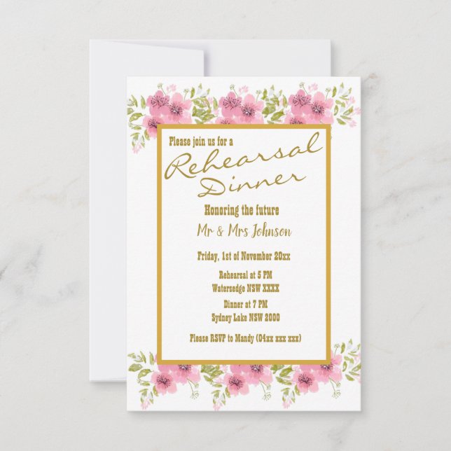 Invitation Dîner de répétition Floral Anémonique Rose Aquarel (Devant)