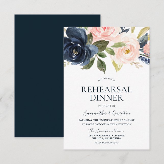 Invitation Dîner de répétition floral aquarelle rose bleu mar (Devant / Derrière)