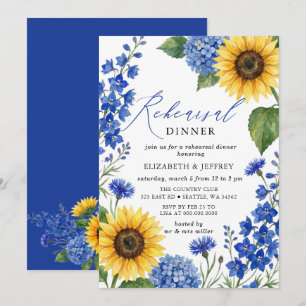 Invitation Dîner de répétition floral aux tournesols bleu roy