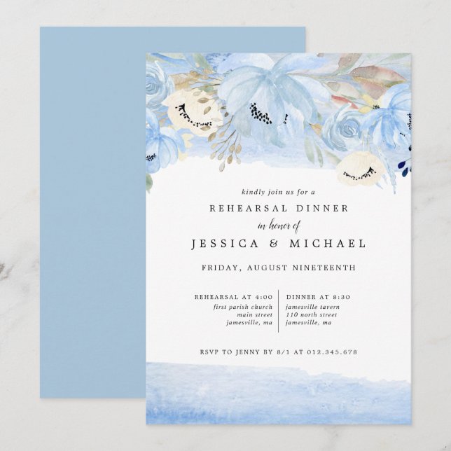 Invitation Dîner de répétition Floral bleu et or (Devant / Derrière)